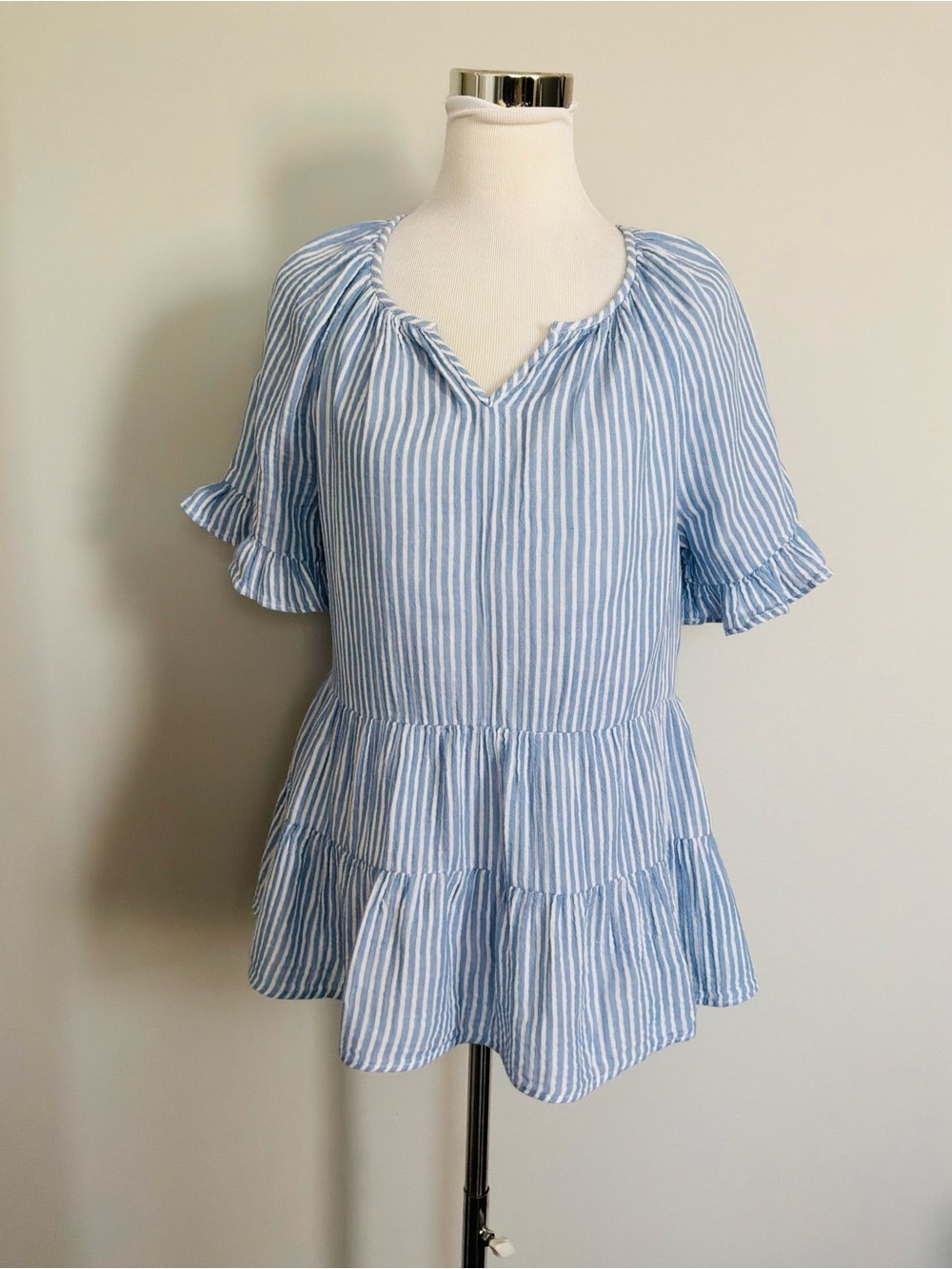 Beach Lunch Lounge Women's All Cotton Striped Blouse Peplum Tiered Top S/P